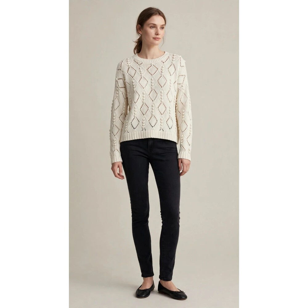 LOFT Womens M Ivory Diamond Pointelle Bobble Knit Crew Neck Sweater Coquette